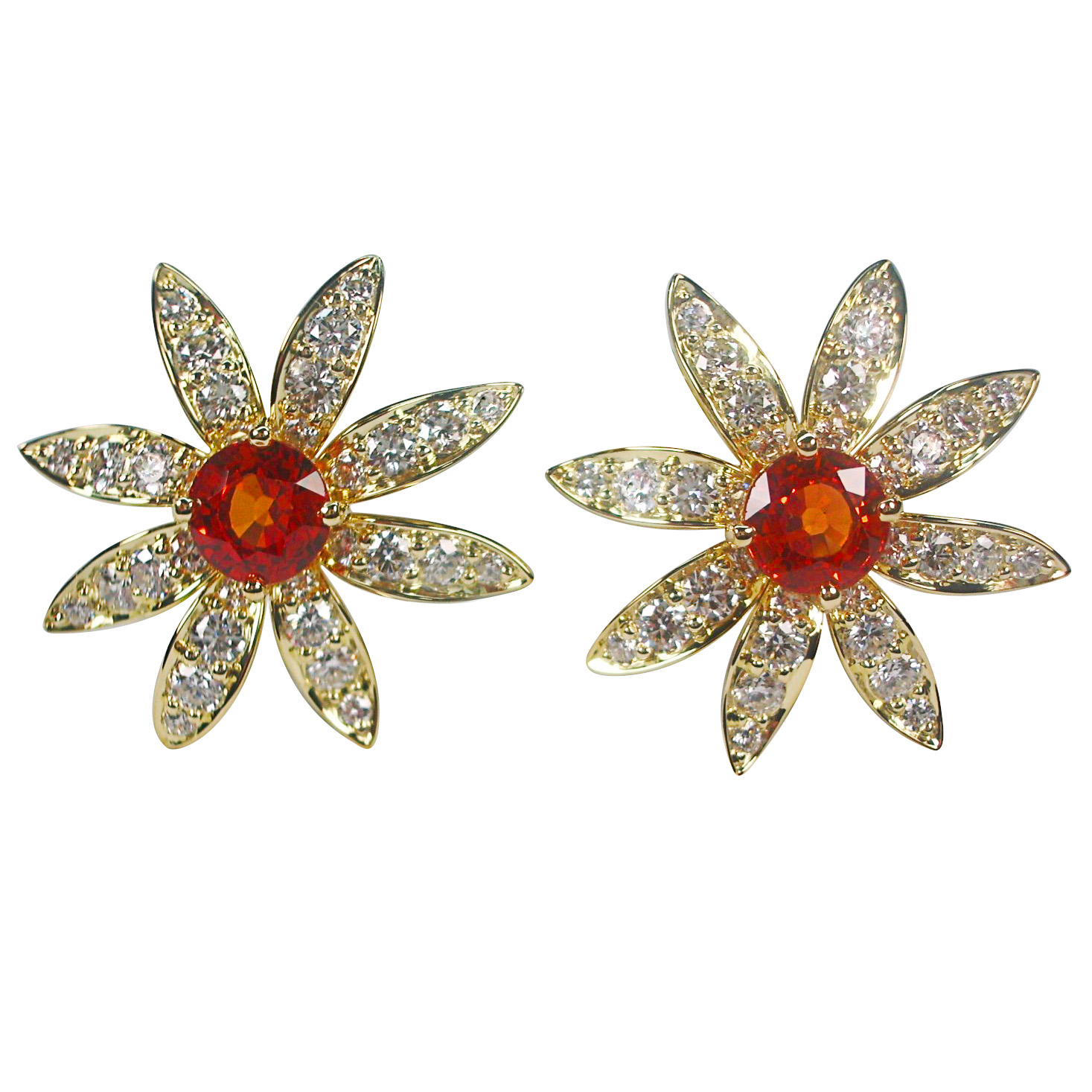 Flower Earrings Mandarin garnets fine quality diamonds 18K yellow gold