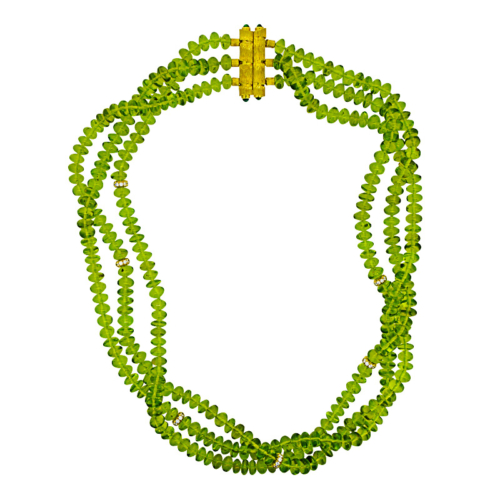Peridot Necklace with Bamboo Clasp Arizona tumbled peridot beads handmade clasp in 18K yellow gold